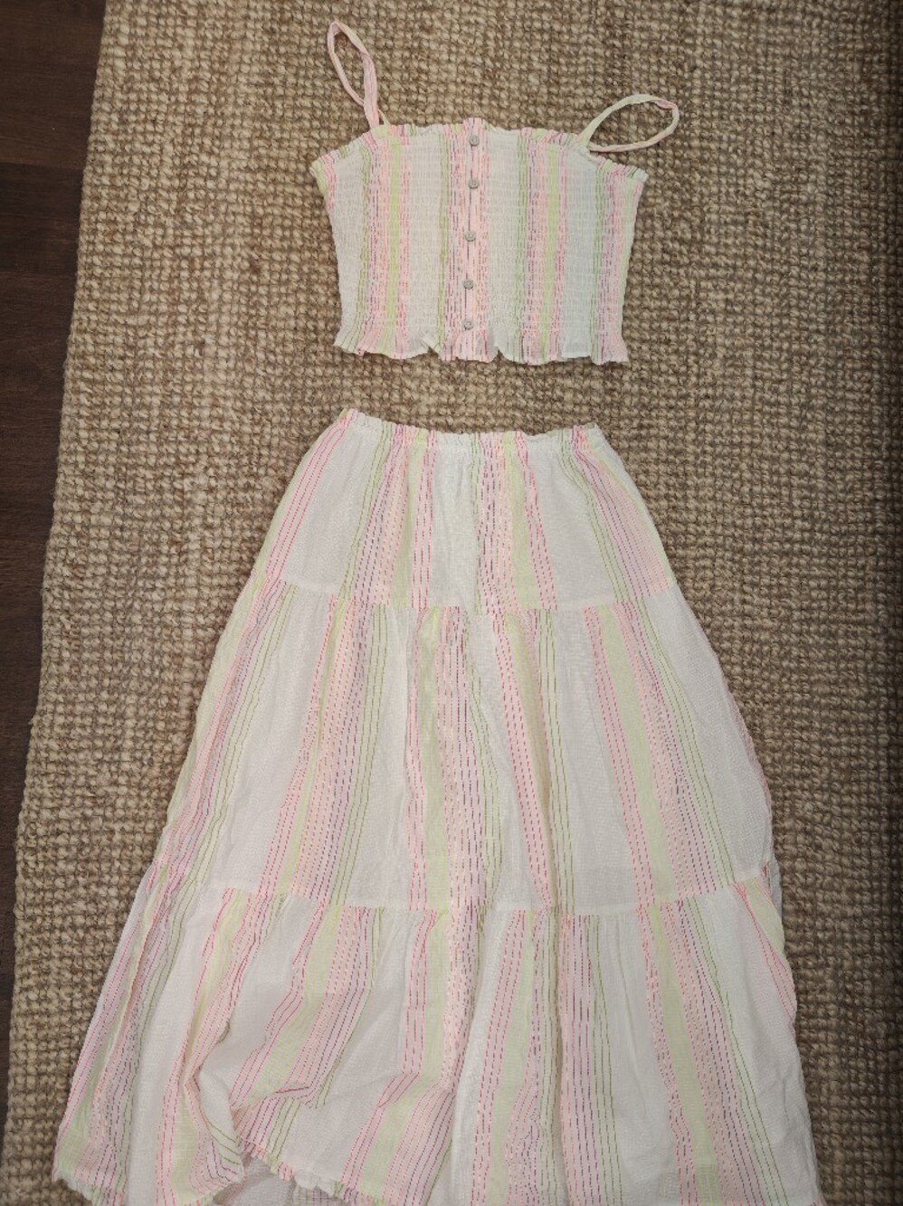 next Girls White Striped Matching Set with Pink and Lime